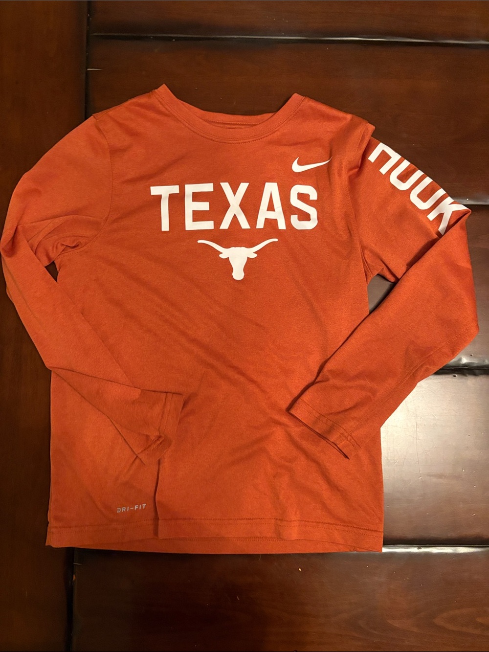Kids Nike Texas Long-Sleeve Tee in Burnt Orange with White Logo